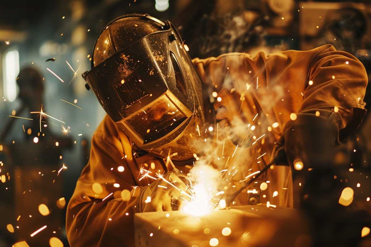 A stock photo depicting a skilled welder in protective gear meticulously working on a metal joint, with sparks flying around in a dimly lit workshop. The focus is on the welder's steady hands guiding the welding torch with precision, as they implement techniques to avoid overlap defects. The background shows an array of welding equipment and metal components, highlighting the industrial setting. The image captures the essence of craftsmanship, attention to detail, and the importance of proper welding practices.