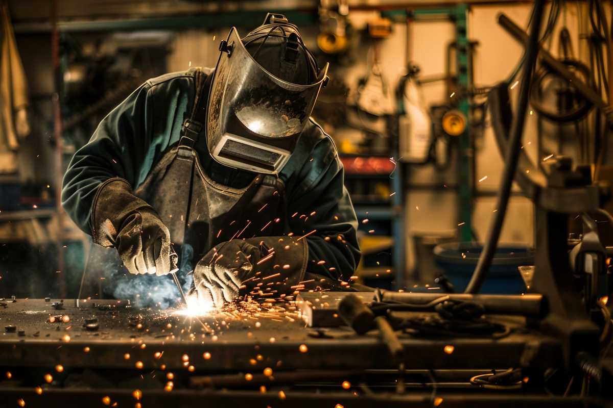 A detailed image of a welder in protective gear meticulously working on a metal structure, with sparks flying around. The setting is an industrial workshop with various welding tools and metal parts visible in the background. The image captures the precision and focus required in the welding process, highlighting the importance of avoiding weld porosity for structural integrity.