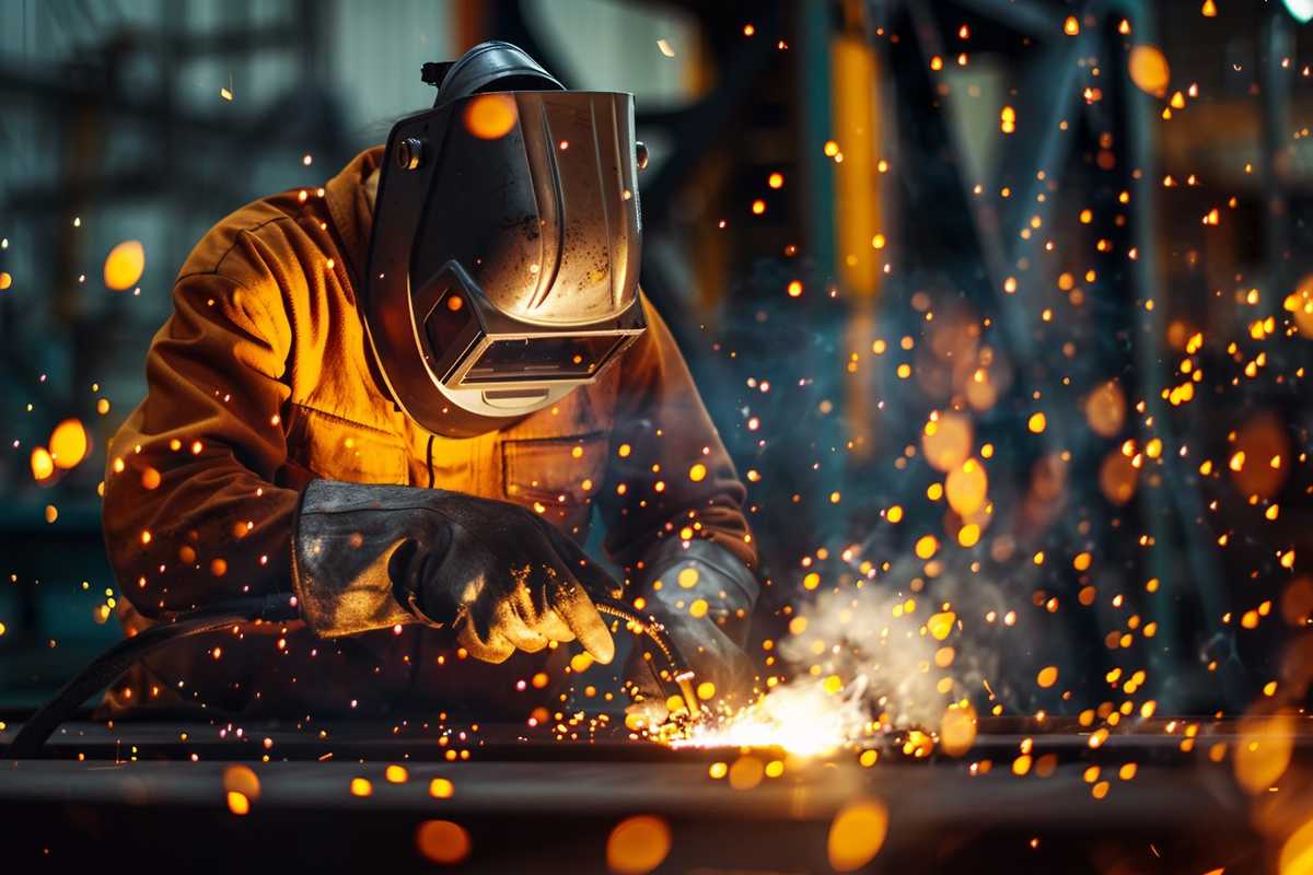 A stock photo of a welder in protective gear working in an industrial setting, with sparks flying as they weld metal components. The image captures the intensity of the welding process, highlighting the importance of safety equipment such as a welding helmet, gloves, and a fire-resistant jacket in a well-ventilated workshop.