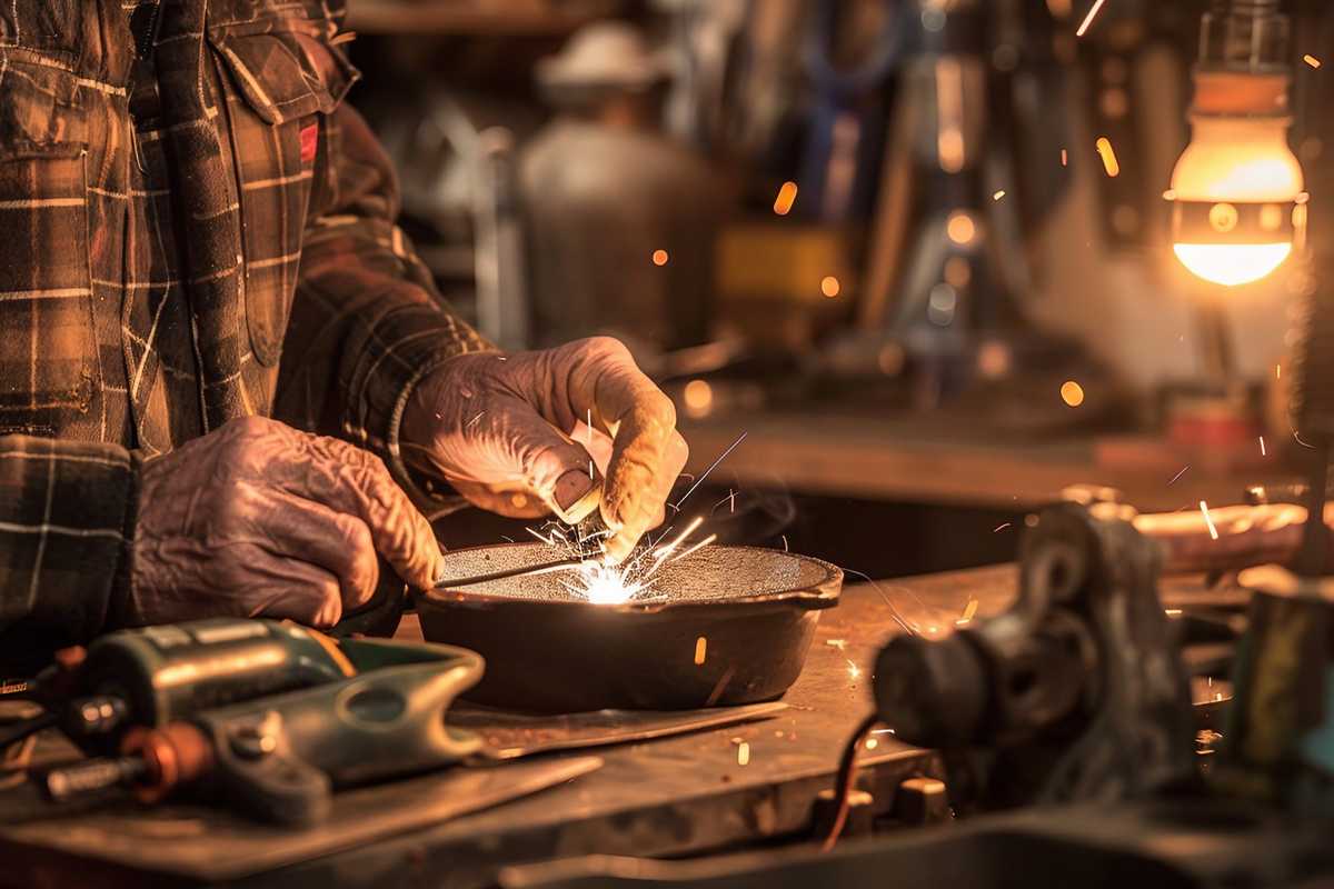 A detailed image of a cast iron skillet being repaired through brazing. The photo shows a close-up of a skilled artisan's hands as they carefully apply a brazing filler to a crack, with sparks flying around. The workbench is cluttered with various tools, including a torch, clamps, and a wire brush, all illuminated by the warm glow of the brazing process. The setting conveys a sense of craftsmanship and precision, with a focus on the restoration of a beloved kitchen item.