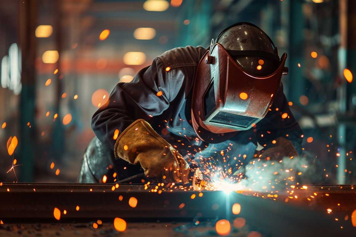 A stock photo depicting a welder in protective gear working amidst sparks and intense light, with a clear focus on safety equipment and the welding apparatus. The image captures the dynamic nature of welding while highlighting the unseen dangers of EMFs in the workplace.