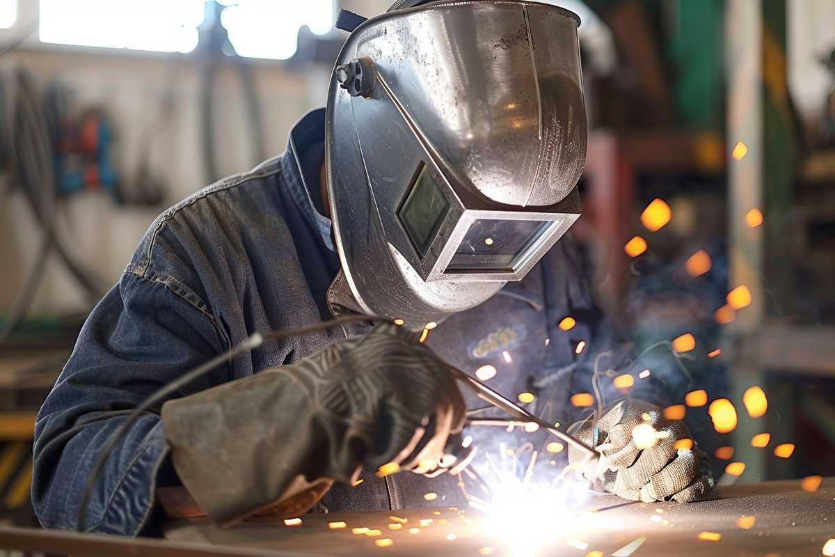 A detailed image of a professional welder in protective gear meticulously working on a metal joint, with sparks flying around. The welder is focused on achieving a perfect weld without any defects such as undercut. The background shows a well-organized welding workshop with various welding tools and metal pieces, highlighting the importance of precision and skill in the craft.