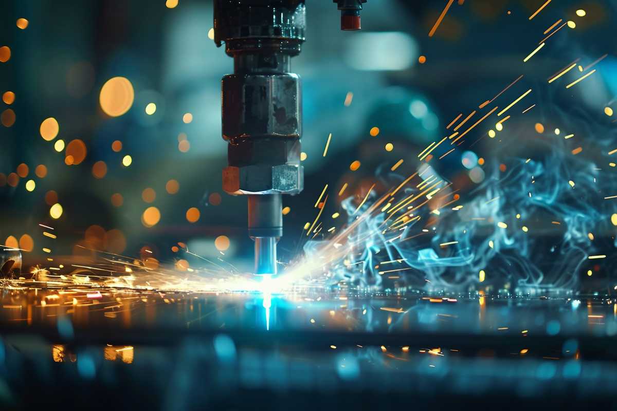 A dynamic and detailed cover image showing a close-up of a plasma torch in action, with bright blue and white sparks flying as it cuts through a dark metal sheet. The background is a blurred industrial setting with various metal fabrication tools and equipment, highlighting the precision and power of plasma arc cutting technology.