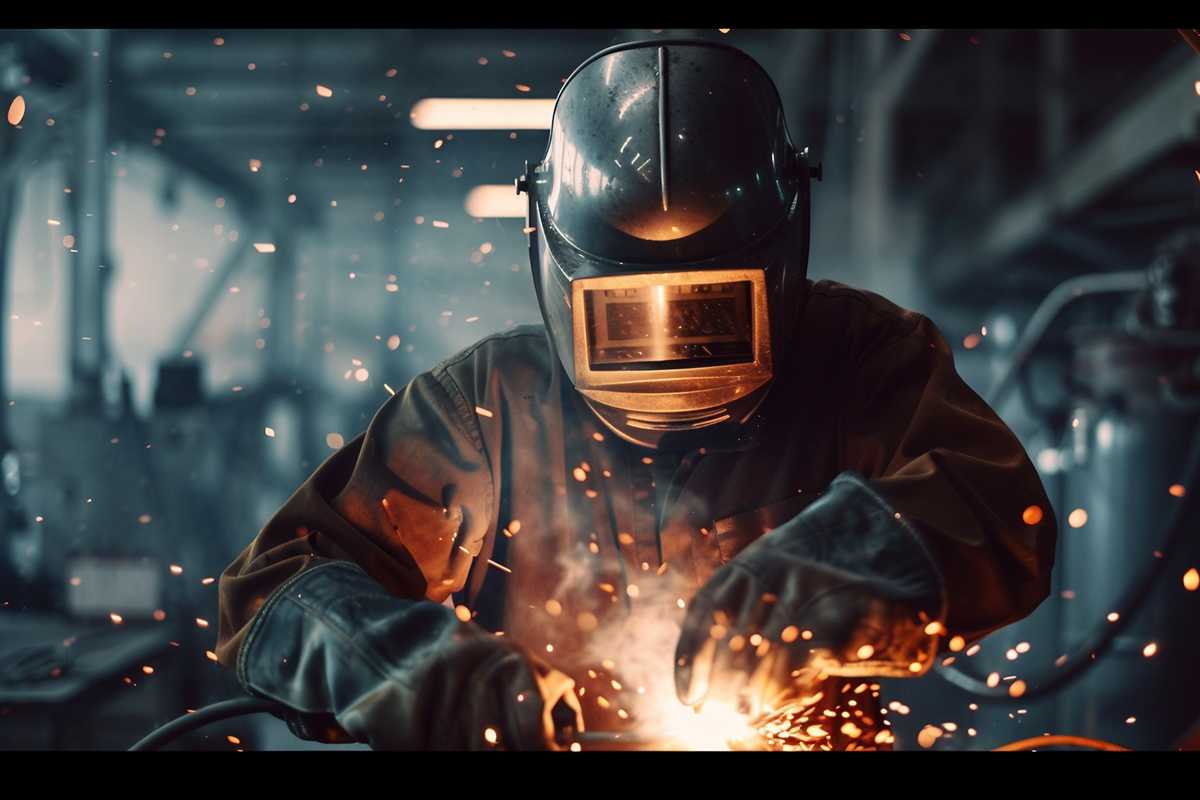 A stock photo of a professional welder in protective gear, meticulously working on a metal structure with a welding torch. Sparks fly as the welder fuses materials, highlighting the precision and expertise required in the trade. The setting is an industrial workshop with various welding equipment, showcasing the environment where such skills are honed and applied.