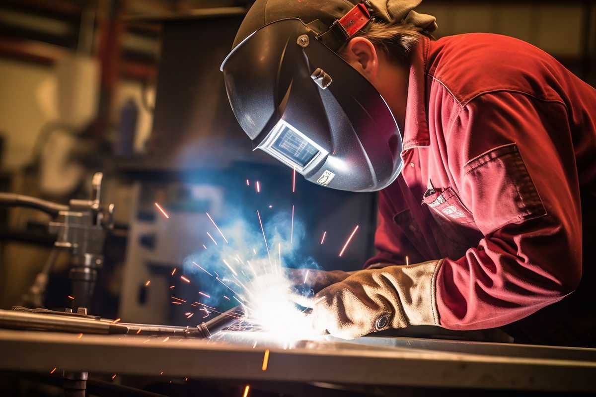 Stock photo of a professional TIG welding setup focused on an aluminum joint. The image shows a well-lit workshop with a TIG welder wearing safety gear, the tungsten electrode in hand, and a bright welding arc. The background includes various welding tools, aluminum workpieces, and protective equipment, highlighting a clean and safe working environment.