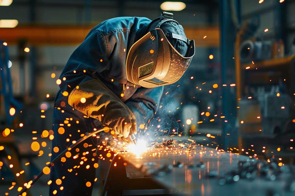 A stock photo of a professional welder in action, wearing safety gear and using a welding torch on a metal structure. Sparks fly as the torch fuses metal, illustrating the skill and precision of the craft. The setting is an industrial workshop with various welding tools and metal parts, highlighting the environment where such expertise is applied.