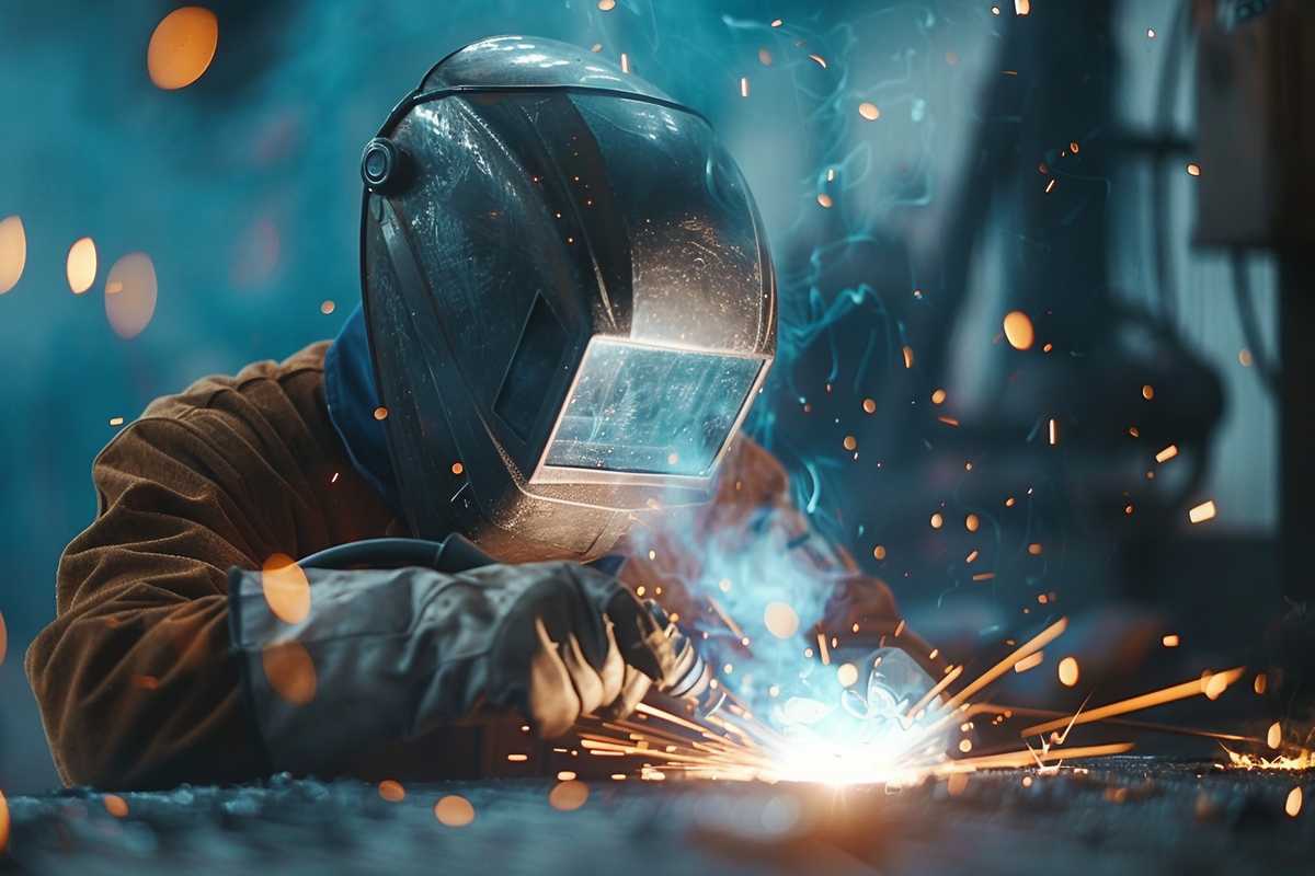 A stock photo of a skilled welder using Plasma Arc Welding (PAW) equipment. The image captures the intense focus of the blue plasma arc as it fuses metal components. The welder is wearing protective gear in an industrial setting, with sparks flying around and a clear depiction of the PAW torch's narrow copper nozzle.