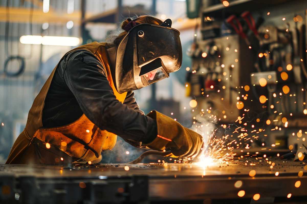 A stock photo of a welder in protective gear working on a metal project in a workshop, with sparks flying around. The image captures the precision and intensity of welding, showcasing a variety of tools and the glowing metal being welded.