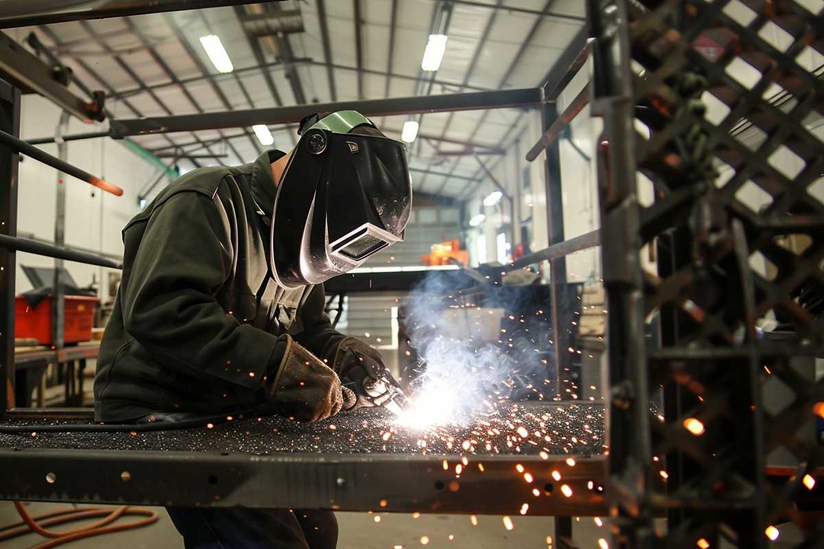 A stock photo of a professional welder in protective gear meticulously working on a metal structure in a well-lit workshop, with sparks flying around as the welder fuses the materials together, showcasing the precision and attention to detail required in the welding process.