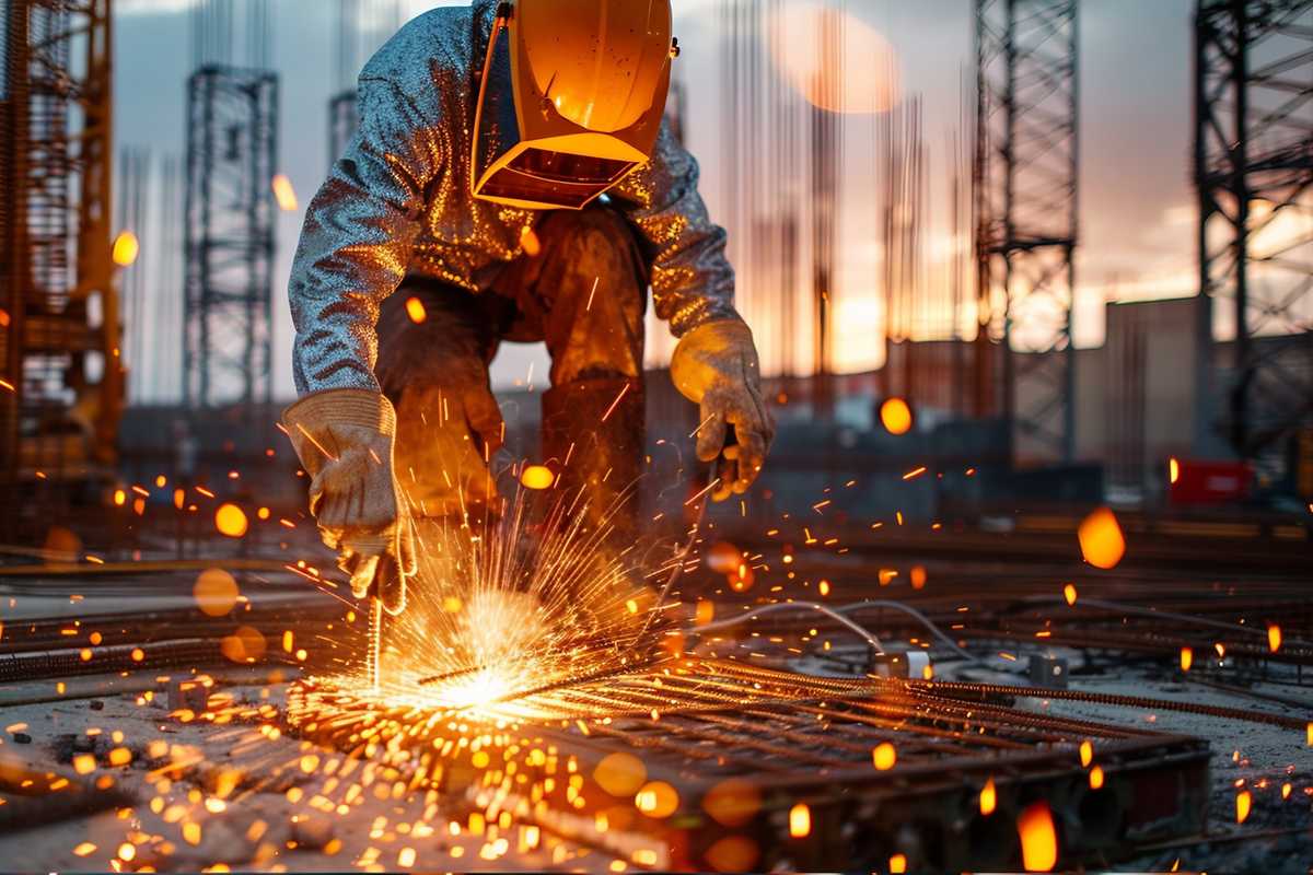 A stock photo depicting the intense heat of Thermit welding in action, with sparks flying as molten metal pours into a mold. The image captures the precision and safety gear required for this high-temperature process, set against the backdrop of a construction site with heavy machinery and steel structures.