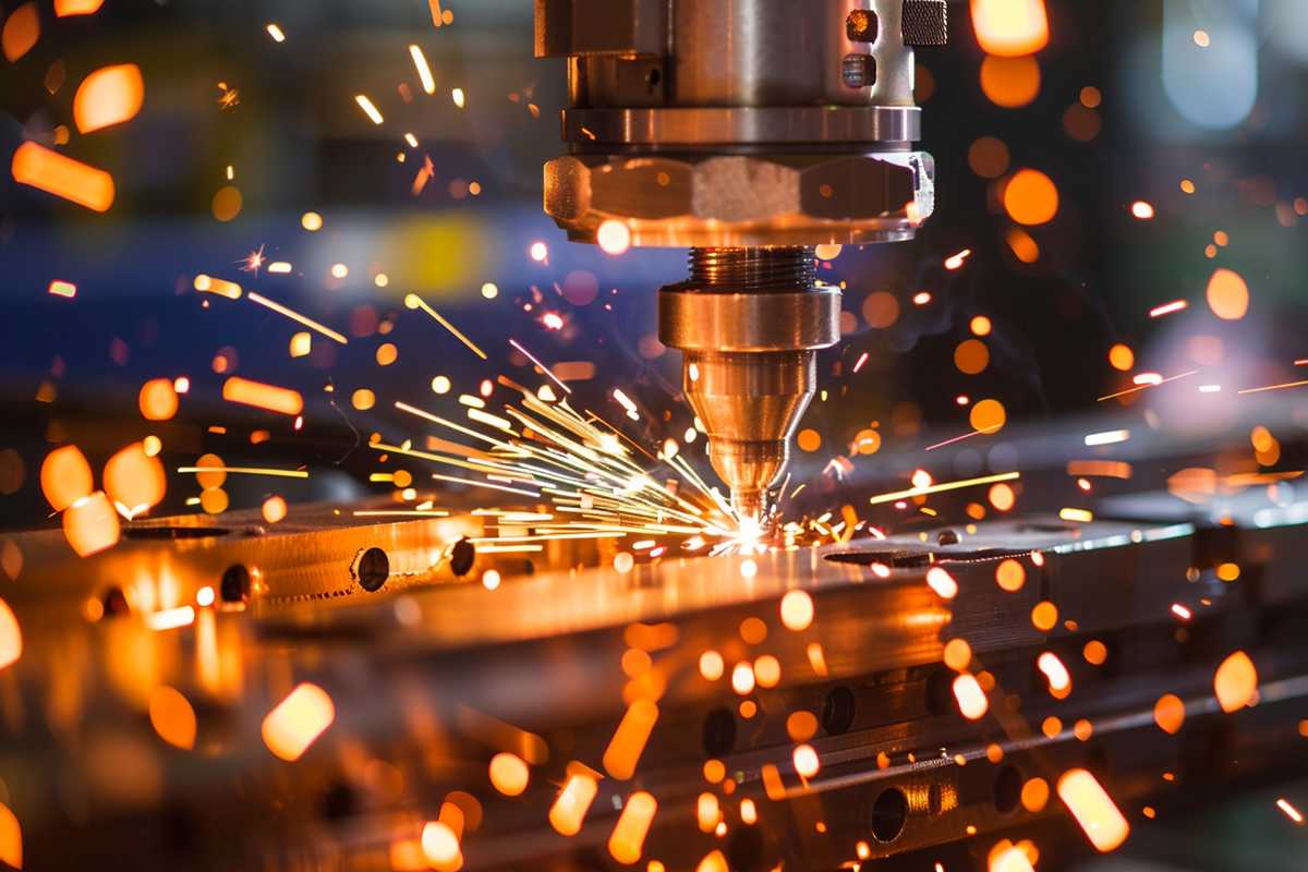 A stock photo of a friction welding machine in action, showcasing bright sparks as two metal pieces are joined. The image captures the precision and intensity of the process, with a focus on the hands of a skilled operator guiding the machinery. The background is a blur of industrial equipment, emphasizing the manufacturing setting.