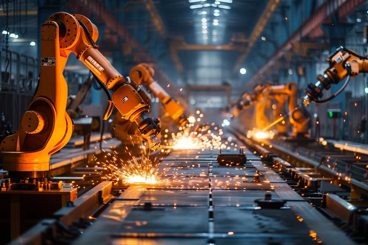 A stock photo of a futuristic manufacturing floor with robotic welding arms at work, sparks flying as they join metal components. The setting is illuminated by the glow of welding torches, highlighting the precision and automation of modern industry. The style is dynamic and high-tech, with a focus on the seamless integration of machinery and technology.