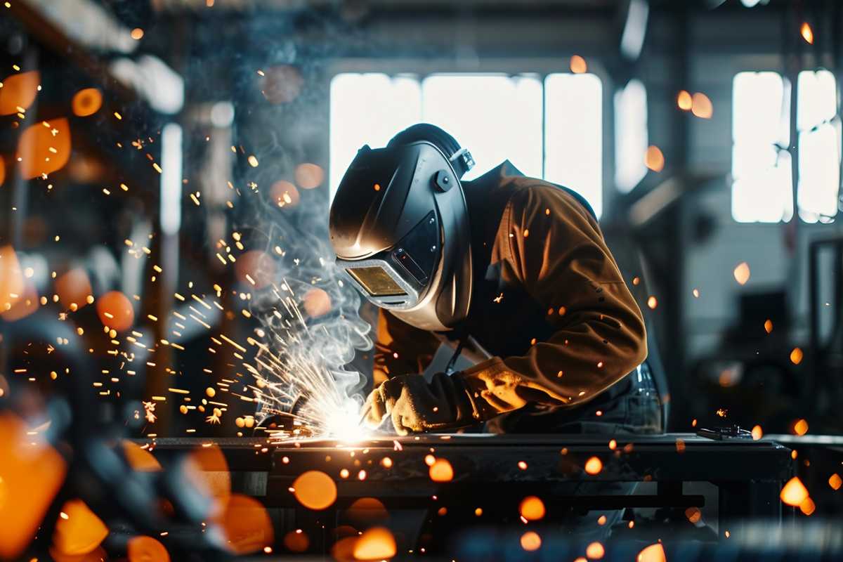 A stock photo of a professional welder wearing a high-quality welding helmet with auto-darkening lens, multiple arc sensors, and a hybrid power source. The image captures the welder in action, with sparks flying in a dimly lit workshop, emphasizing the helmet's advanced features and the importance of eye protection in welding.