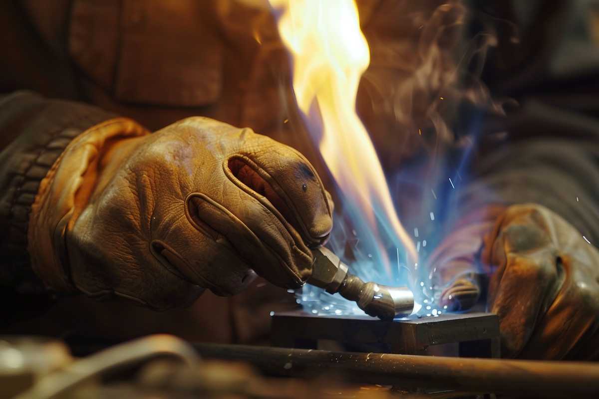 A detailed image of a craftsman's hands silver brazing a metal joint, with a focus on the bright blue flame of the torch, the silver alloy melting, and the protective gear worn. The workshop background is filled with various metalworking tools, illustrating a professional and safe environment for metal crafting.