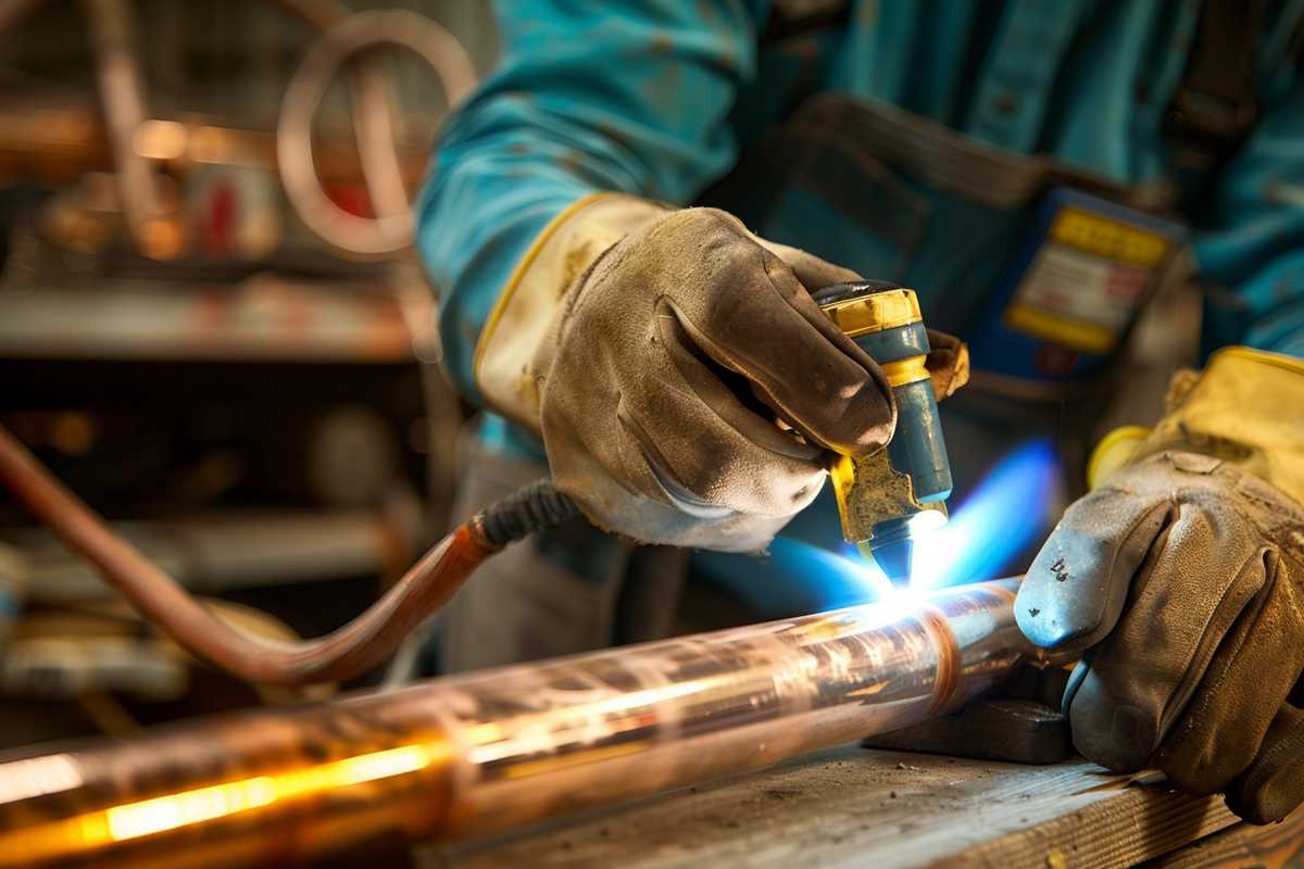 A detailed image of a DIY enthusiast brazing copper pipes. The photo shows a person wearing safety gloves, with a focused expression, using a brazing torch on a copper pipe joint. The workspace is well-lit, highlighting the bright blue flame and the shiny, newly brazed pipe. Tools and safety equipment are neatly arranged in the background, on a sturdy wooden workbench.