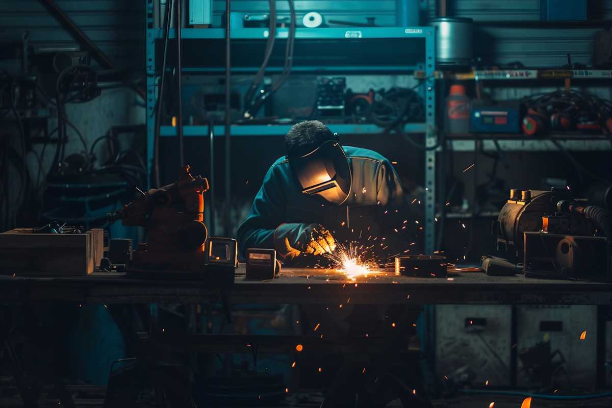 A stock photo of a skilled welder at work, showcasing the precision of the CLAMS technique. The image captures the intense focus and steady hands of the welder, with sparks flying as the weld bead is expertly formed. The background is a dimly lit workshop, filled with welding equipment and metalwork projects, highlighting the industrial setting and the craftsmanship involved.