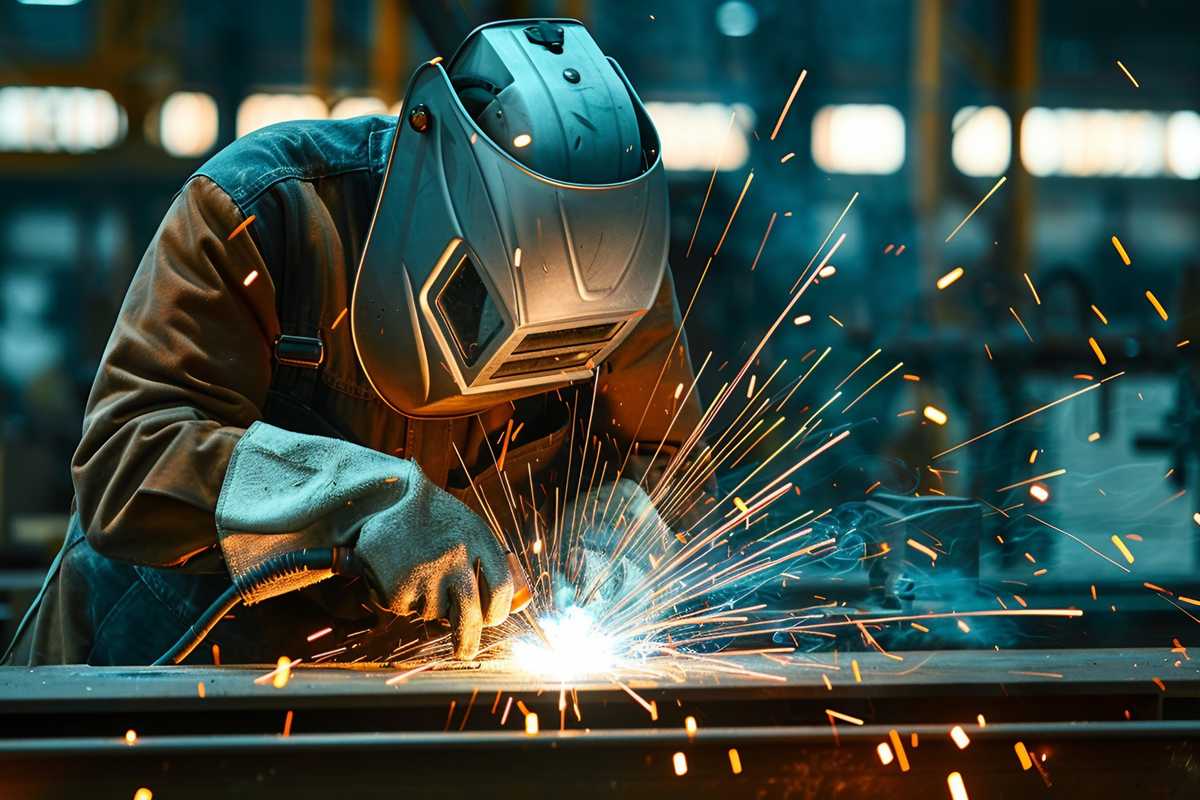 A stock photo showcasing a professional welder in protective gear, skillfully welding a metal structure in a workshop setting. Sparks fly as the welder uses advanced techniques to navigate different welding positions, with a focus on precision and safety. The image captures the intensity and craftsmanship of the welding process, with a palette of orange, blue, and gray tones highlighting the fiery work.