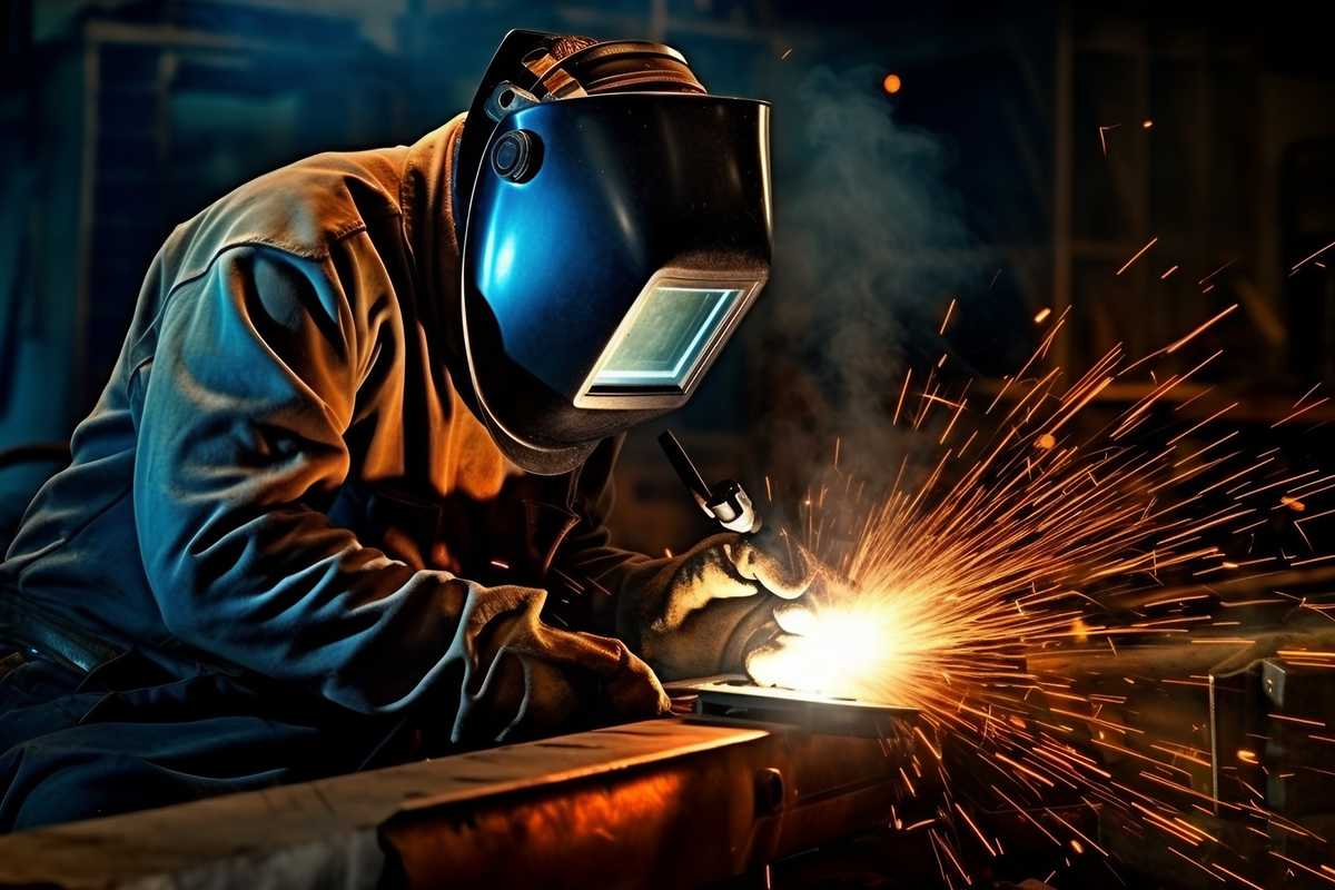 A stock photo depicting a professional welder in protective gear meticulously MIG welding an aluminum structure in a well-lit workshop, with sparks flying around as the welder focuses on achieving a precise and strong weld. The setting includes various welding tools and equipment, highlighting the importance of preparation and technique in the welding process.