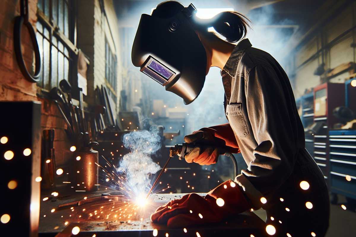 A stock photo of a welder in action, wearing an auto-darkening helmet. Sparks fly as the welder works on a metal piece. The helmet's visor is down, showcasing the advanced technology that protects the welder's eyes from the bright welding arc. The workshop setting is dimly lit, emphasizing the brightness of the welding process, with tools and protective gear in the background.