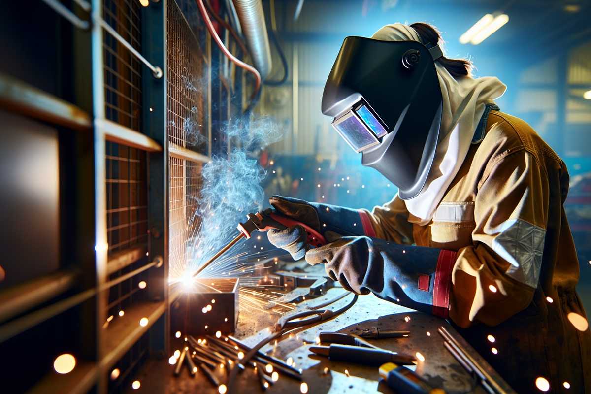 A stock photo of a welder in protective gear working with a MIG welding machine in an industrial setting, surrounded by sparks and bright light, with a focus on safety equipment and a well-organized workspace.