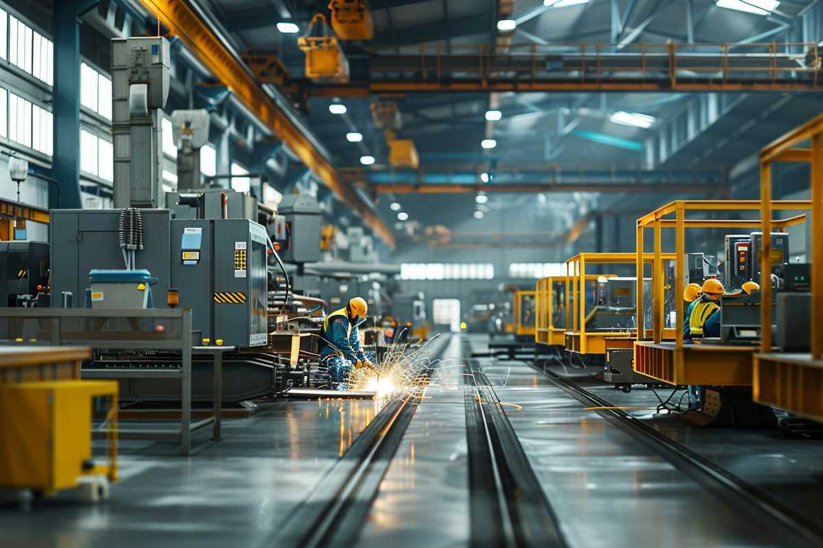 A stock photo of a well-organized metal fabrication workshop with workers wearing safety gear like helmets and gloves, operating machinery with visible machine guards, and clear safety signage in the background. The setting is industrious yet orderly, with sparks flying from welding stations, emphasizing the importance of safety protocols in a high-risk environment.