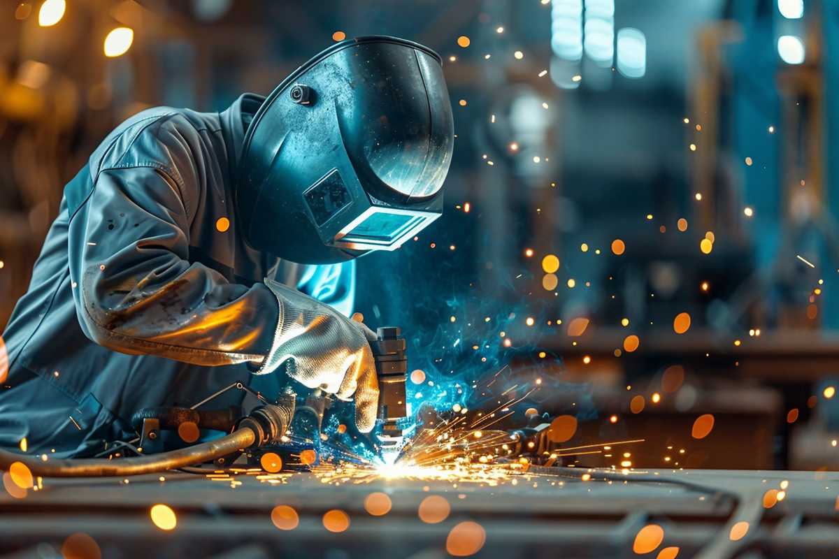 A stock photo depicting a professional welder in protective gear, welding metal with sparks flying. The setting is an industrial workshop with various welding tools and metal parts. The image captures the precision and skill involved in the welding process, with a focus on the bright light from the welding torch.