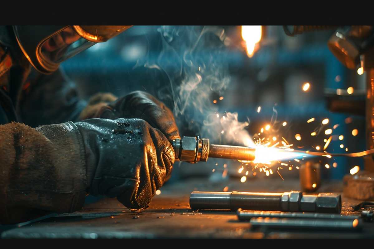 A detailed image of a professional metalworker brazing magnesium parts using a torch in a well-equipped workshop, with sparks flying around as the filler metal bonds to the base metal. The image captures the precision and skill required in the brazing process, set against a backdrop of metalworking tools and safety equipment.