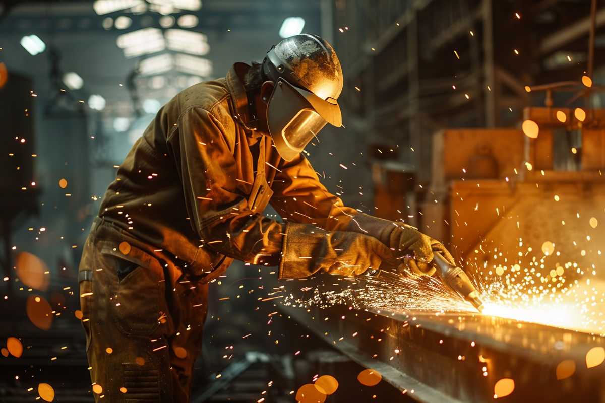 A dynamic stock photo showcasing the oxy-fuel cutting process in action. Sparks fly as a skilled worker, clad in safety gear, guides a cutting torch through a thick metal plate. The intense glow of the metal's edge highlights the precision of the cut, while the dark industrial background emphasizes the focus and craftsmanship required in metalworking.