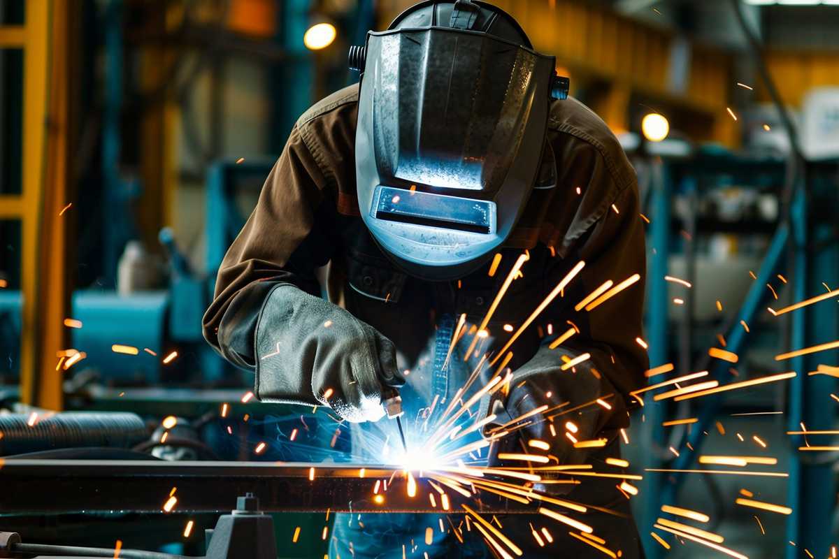 A detailed image of a professional welder using Pulse MIG welding equipment on a metalwork project. The scene includes a well-lit workshop with various welding tools, protective gear like a welding helmet and gloves, and sparks flying from the welding process. The background features metal pieces and a workbench, highlighting the precision and control of the Pulse MIG technique.