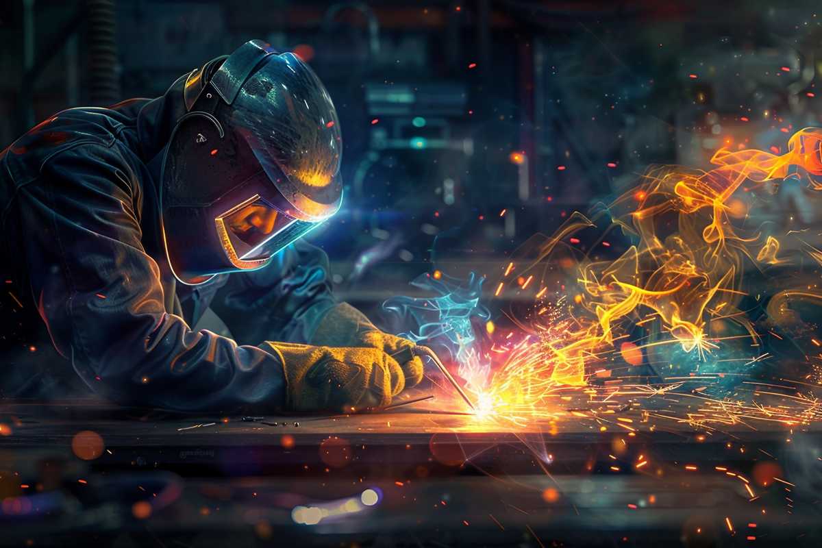 A detailed image of a TIG welding process in action, showcasing the bright welding arc and the shielding gas enveloping the molten metal. The photo captures the intense focus of a welder clad in protective gear against a backdrop of a well-organized workshop, with sparks flying and the glow of the metal creating a stark contrast.