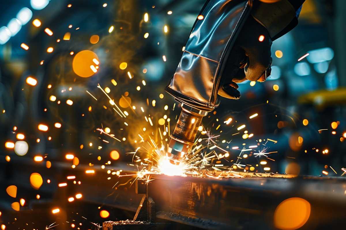 A stock photo depicting a close-up view of a thermal spray welding process in action. Bright sparks fly as a technician in protective gear operates the welding equipment, focusing on a metallic part. The background shows an industrial setting with various machinery parts, emphasizing the precision and high-tech nature of the process. The image captures the intensity and innovation of modern industrial maintenance techniques.