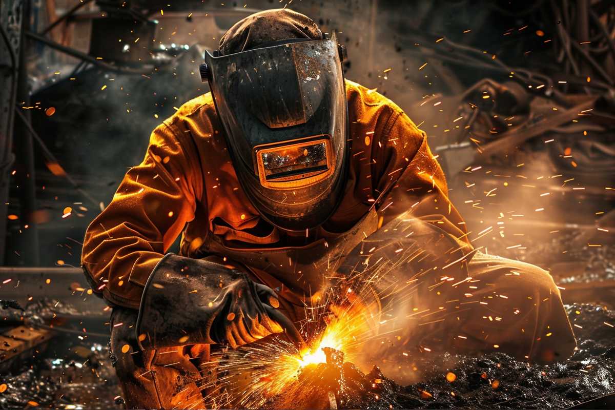 A stock photo depicting a welder in full protective gear, including a helmet with a darkened visor, flame-resistant jacket, and gloves. The welder is working in a workshop environment with sparks visible from the welding process. The setting is industrial with various metalwork tools and materials in the background, highlighting the importance of safety equipment in such hazardous conditions.