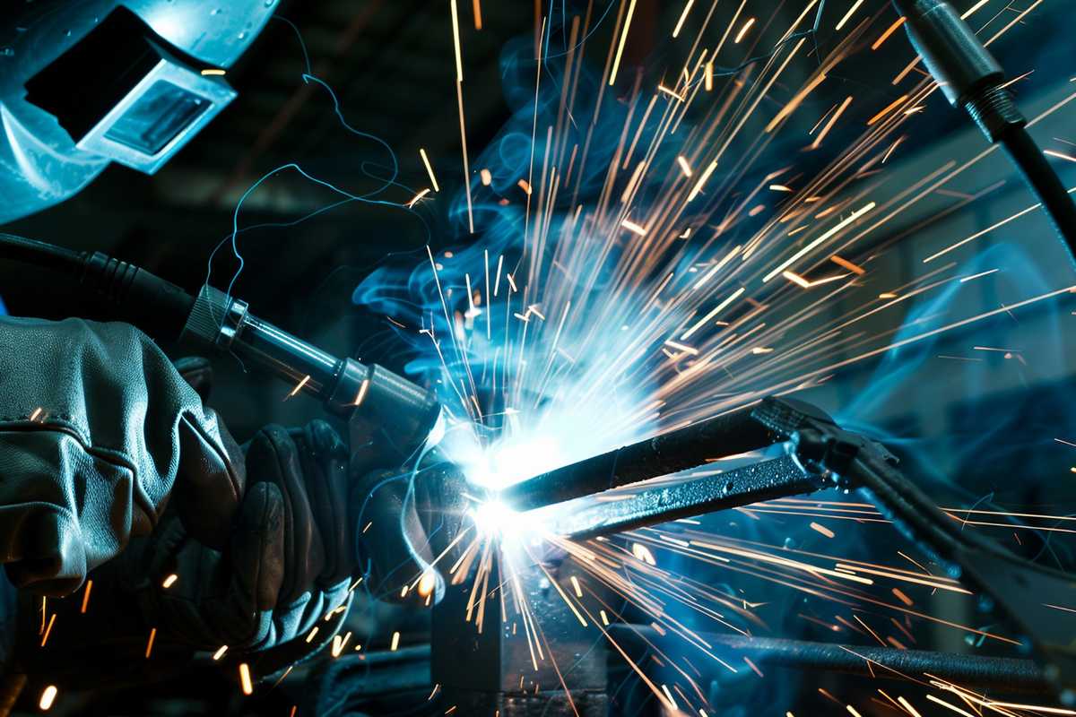 A stock photo depicting a skilled welder using Plasma Arc Welding equipment, with sparks flying as the intense plasma arc fuses metal components. The image captures the precision of the process in an industrial setting, highlighting the bright arc against a dark background, with protective gear and advanced machinery in view.