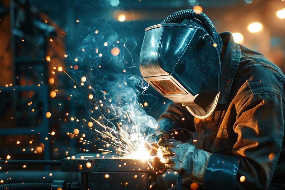 A stock photo of a professional welder in protective gear, skillfully controlling a welding torch with a bright blue flame against a dark workshop background. Sparks fly as the intense flame fuses metal pieces together, showcasing the precision and artistry of the welding process.