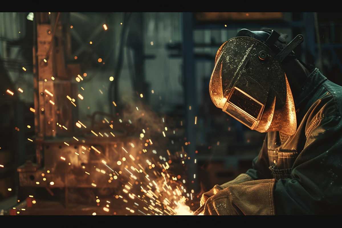 A stock photo of a professional welder in protective gear, including a welding helmet, working with a welding torch in an industrial setting. The image captures the bright sparks and intense light of the welding process, with a focus on the helmet's protective visor and the craftsmanship involved.