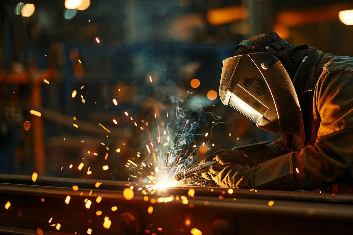 A detailed image showing a professional welder in protective gear meticulously welding nickel alloy components with precision equipment. The setting is an industrial workshop with various welding tools, bright sparks flying, and metal parts being joined. The focus is on the hands of the welder, the intense glow of the welding arc, and the careful application of the welding technique.