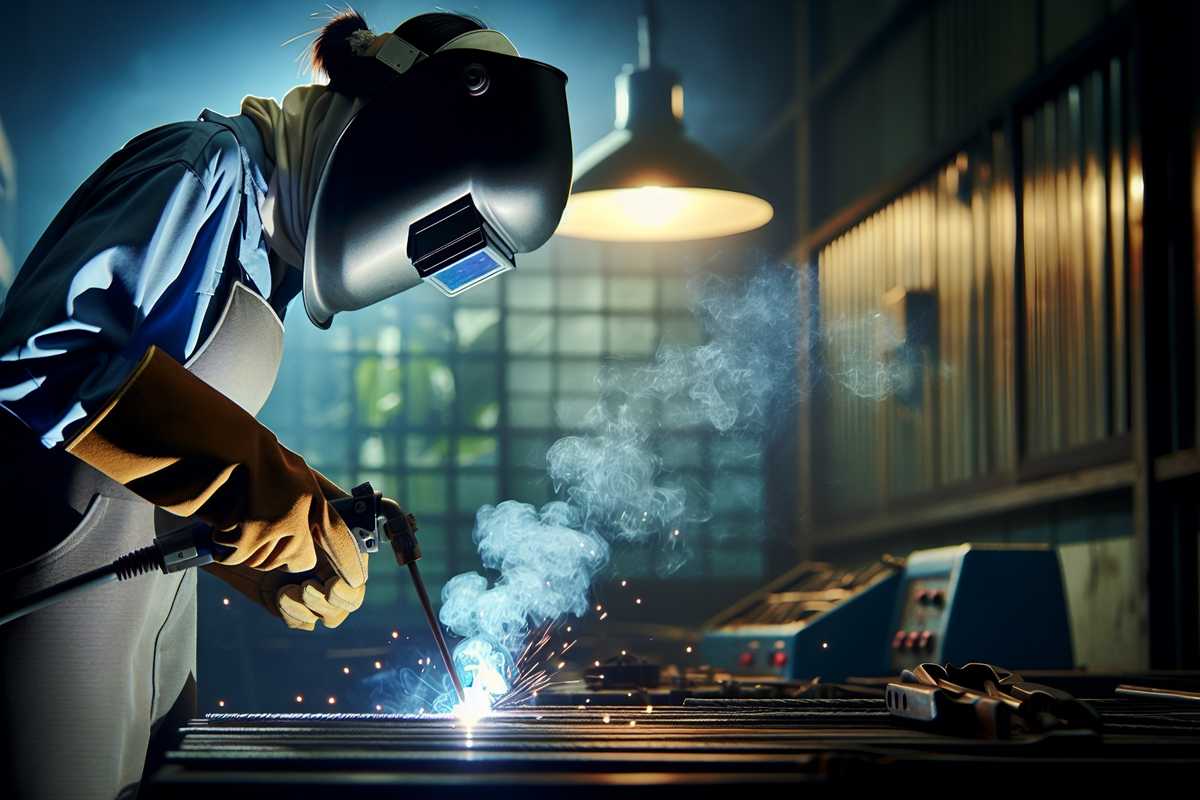 A stock photo of a professional welder in protective gear, using an oxy-fuel torch to weld metal pieces in a well-ventilated workshop. The image captures the intense blue flame and sparks, highlighting the precision and skill involved in the process.