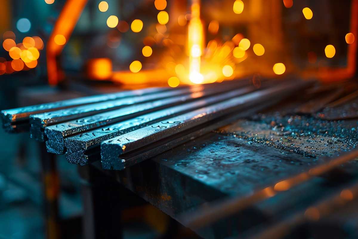 A stock photo of a welder's workbench with various metal samples labeled for identification. The image features a variety of tools, protective gear, and a bright welding flame in the background, highlighting the precision and skill involved in the craft of welding.