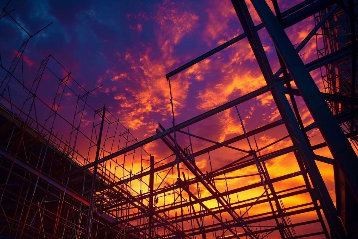 A stock photo of a steel framework construction site during sunset, showcasing the intricate mesh of girders against a vibrant sky. The image captures the essence of ferrous metals in construction, highlighting the strength and resilience of these materials.