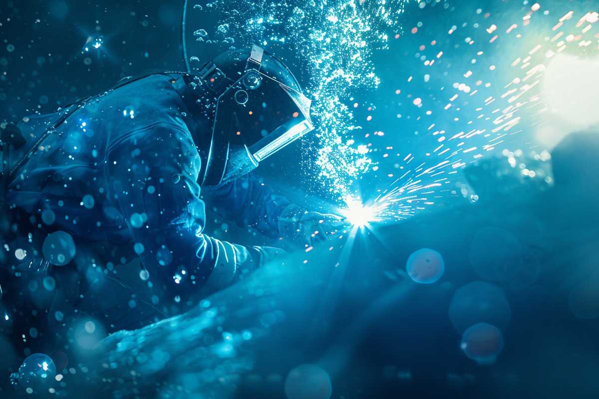 A stock photo depicting an underwater welder at work, surrounded by bubbles and submerged structures. The welder is equipped with a specialized helmet and welding gear, with beams of light cutting through the dark blue water, highlighting the precision and challenges of this unique occupation.