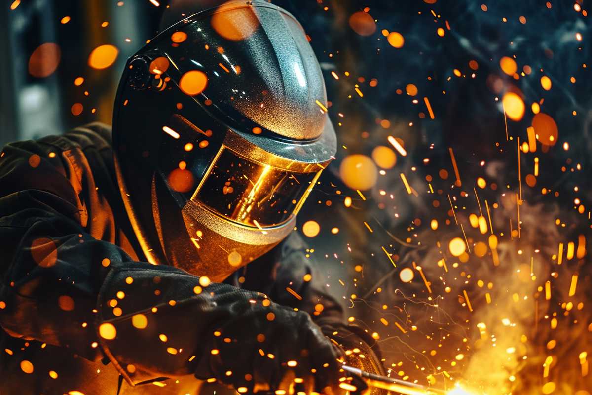 A stock photo depicting a professional welder in protective gear meticulously working on a metal structure with welding equipment, surrounded by vibrant sparks, against a dark industrial background, symbolizing precision and strength in metal fabrication.