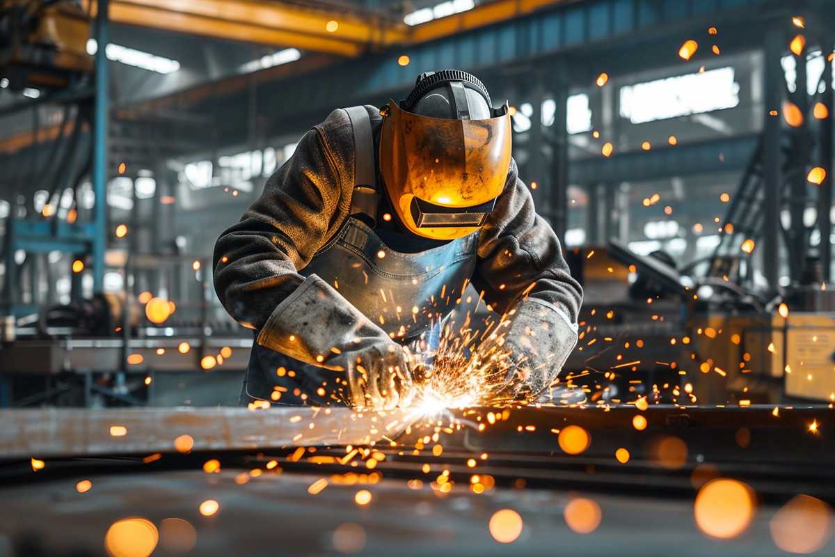 A stock photo of a professional welder in protective gear, working in a well-ventilated workshop with sparks flying around. The image captures the essence of safety with a focus on the use of personal protective equipment and advanced ventilation systems in a modern industrial setting.