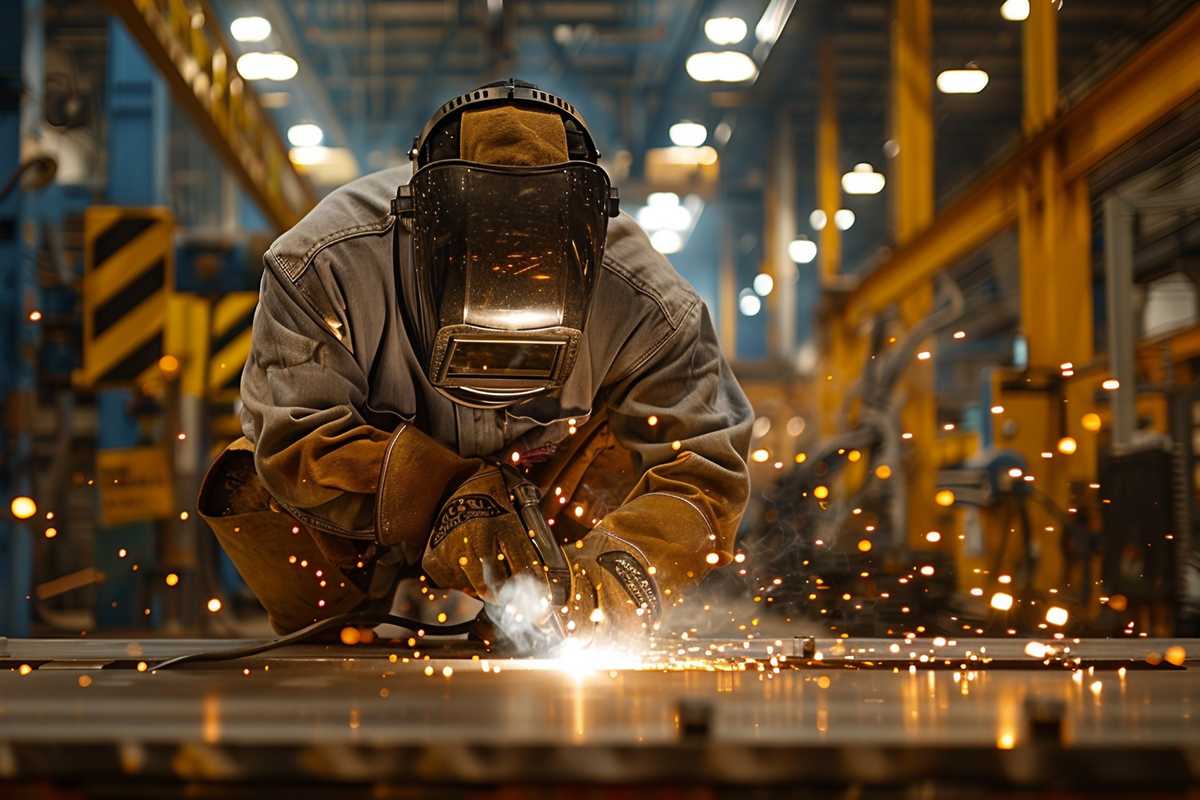 A detailed image of a professional welder at work, wearing safety gear and using advanced welding equipment to fuse metal pieces. Sparks fly as the welder meticulously joins the materials, showcasing the precision and skill involved in the process. The setting is a well-lit industrial workshop with various welding tools and safety signs visible in the background.