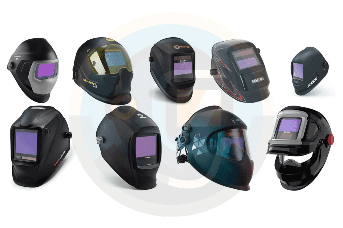 A collage of images of welding helmets discussed in the article