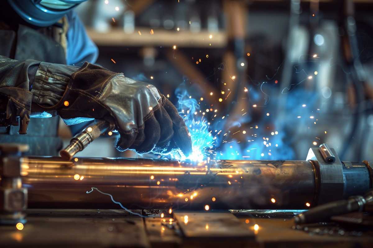 A detailed image of a professional welder's hands skillfully welding a copper pipe, with sparks flying around. The background shows a well-organized workshop with various welding tools and protective gear, such as a helmet, gloves, and apron. The image captures the precision and focus required in copper welding, highlighting the reddish-gold hue of the metal and the intense blue light of the welding flame.