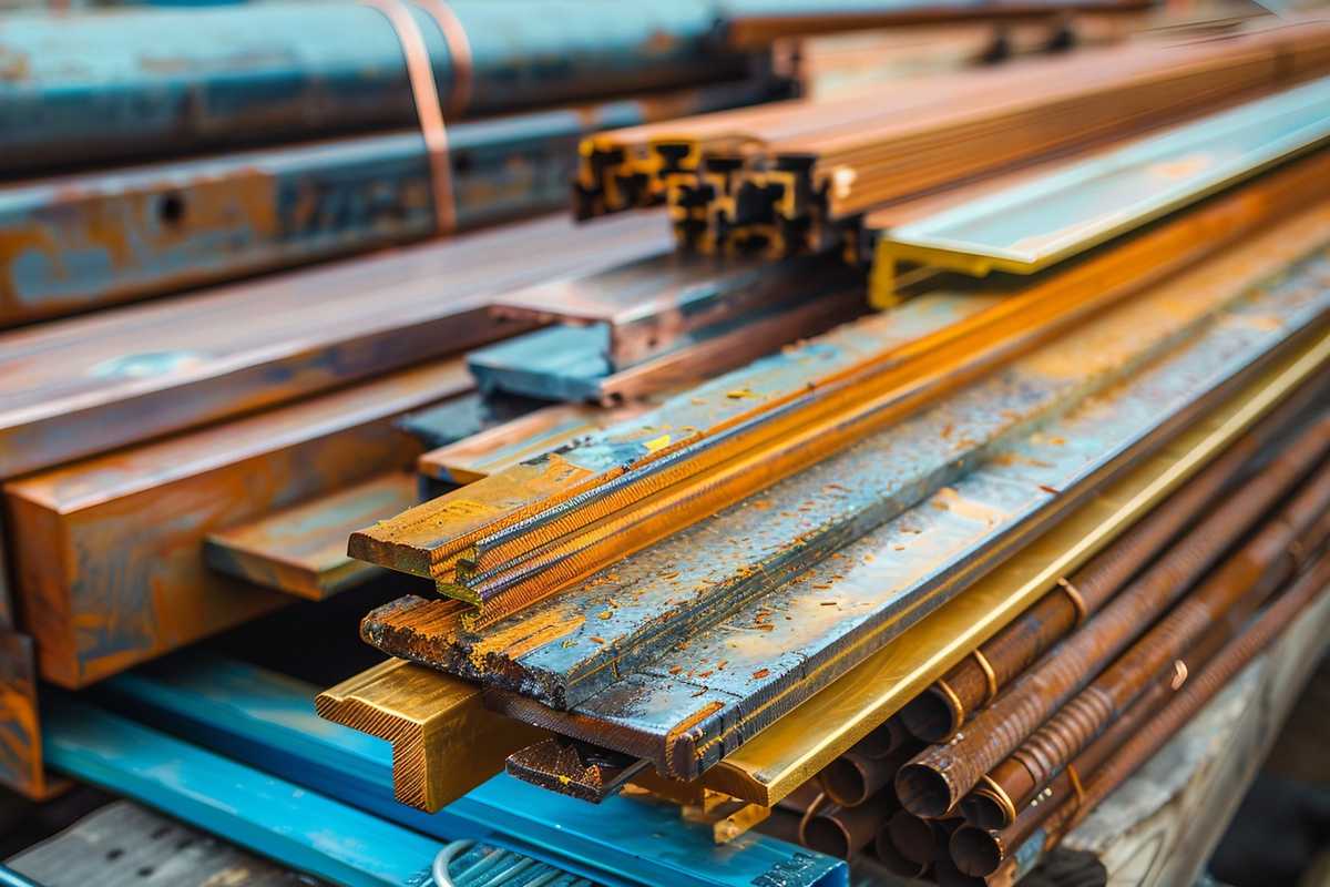 A stock photo depicting an array of different metals in various forms such as beams, sheets, and wires, showcasing their diverse applications. The image captures the essence of strength and innovation with a vibrant contrast of metallic textures against a modern industrial backdrop, highlighting the significance of metal properties in engineering and technology.