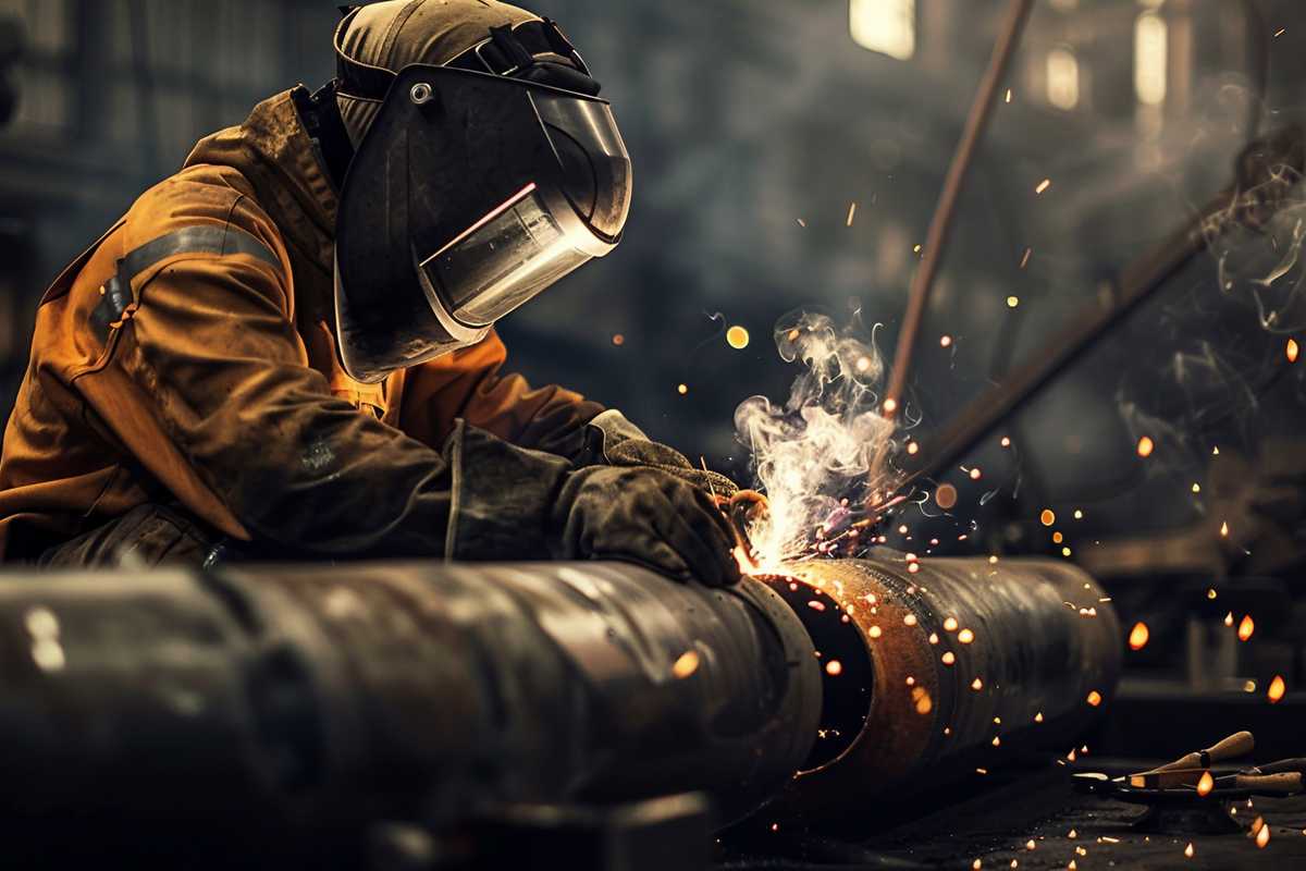 A stock photo of a professional welder in safety gear meticulously welding a black pipe, with sparks flying around in a dimly lit workshop. The image captures the precision and skill required in the welding process, emphasizing the industrial strength and durability of black pipe.