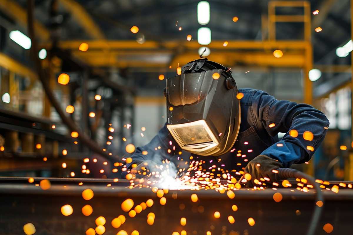 A stock photo of a professional welder in protective gear, welding torch in hand, with sparks flying as they work on joining metal pieces. The workshop is well-lit, highlighting the intense focus and skill involved in the welding process.