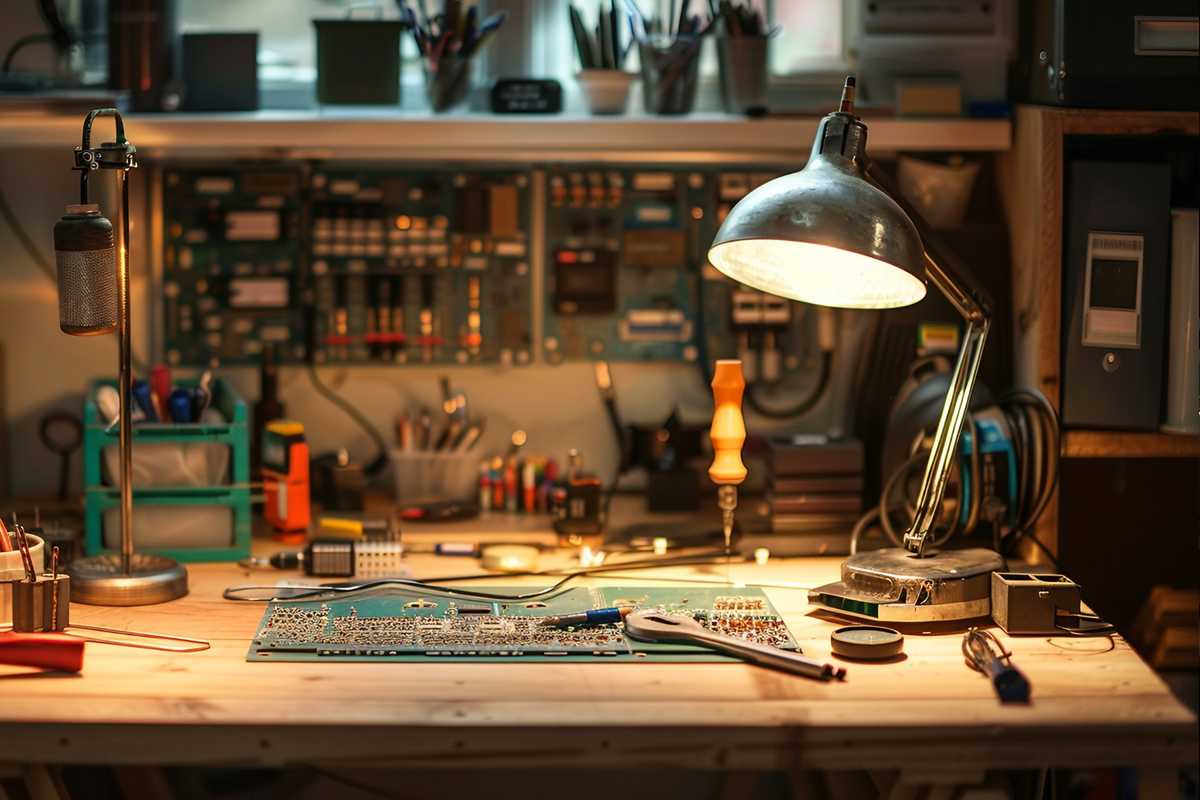 A stock photo of a well-organized soldering workstation with various soldering tools such as a soldering iron, wire cutters, and a magnifying glass. The setting is a clean workbench with an array of electronic components and a PCB in the background, highlighting a DIY electronics project in progress.