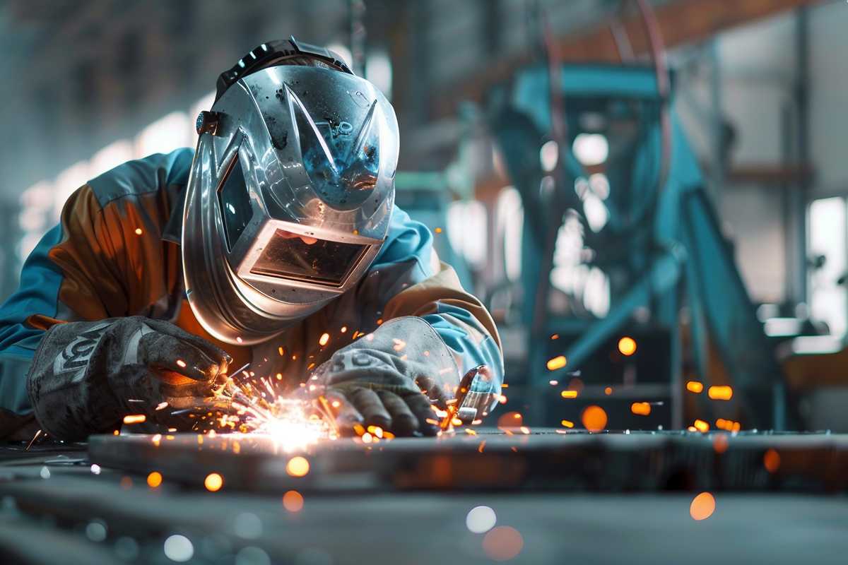 A stock photo of a professional welder in protective gear meticulously welding a titanium piece with a TIG welder. The image captures the precision required in the process, with sparks flying in a controlled environment, highlighting the metal's unique silver color and the intense focus of the welder.